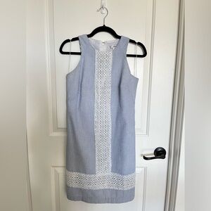 Wisp Blue and White Seersucker Embroidered Shift Mini Dress Size 0